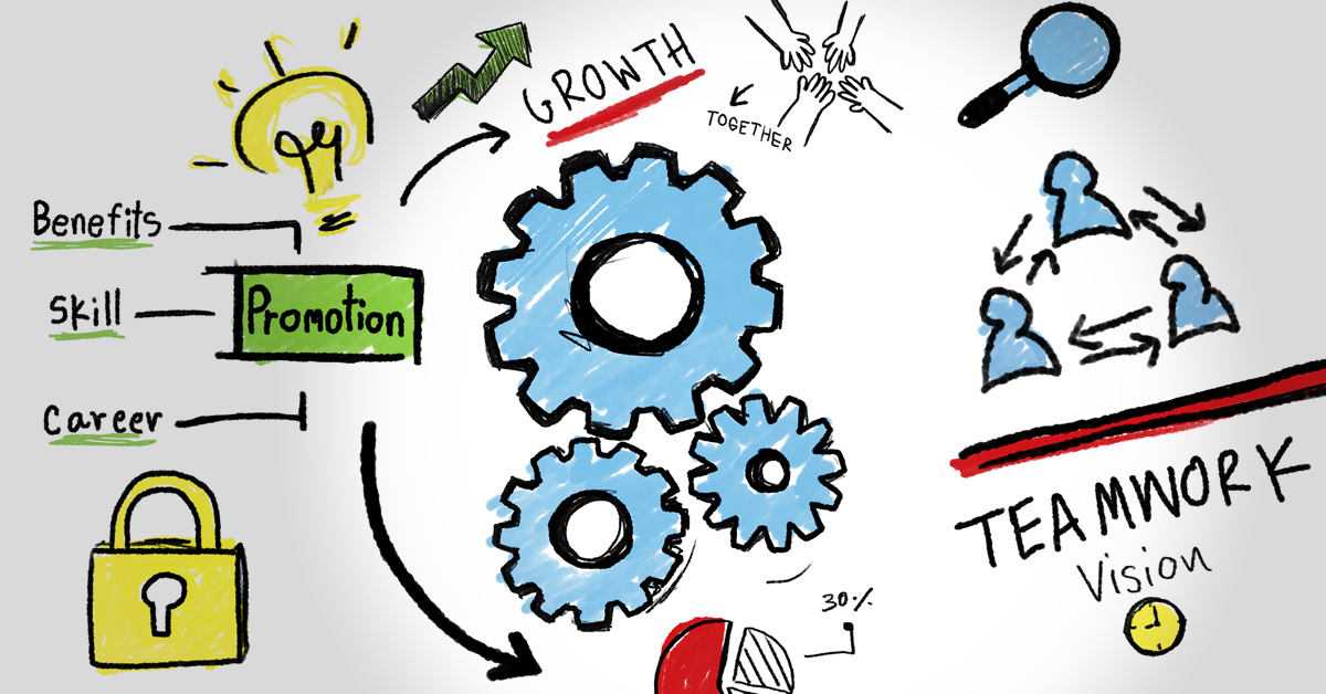 Graphic displaying career-related icons - lightbulbs, gears, teamwork, etc.