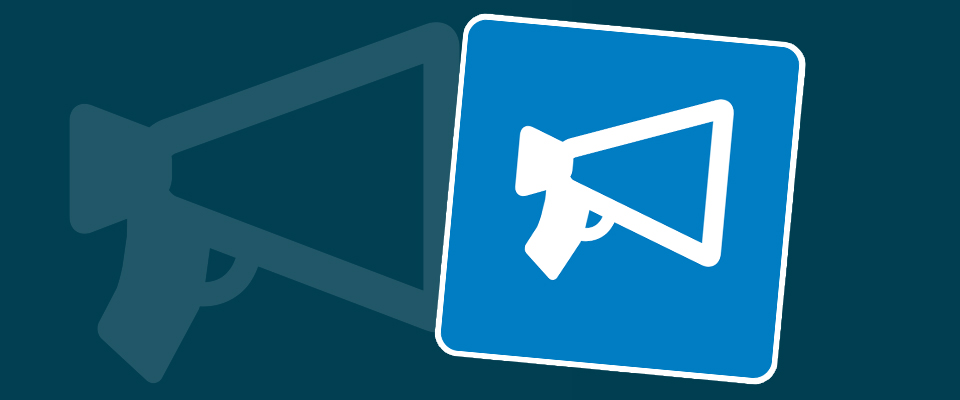 NADSP-Services-Advocacy-Left Dark blue background with semi-transparent megaphone symbol behind a lighter blue icon with the full megaphone icon