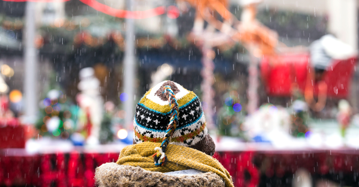 A person wearing a winter hat has their back to the camera as they watch a winter holiday parade.