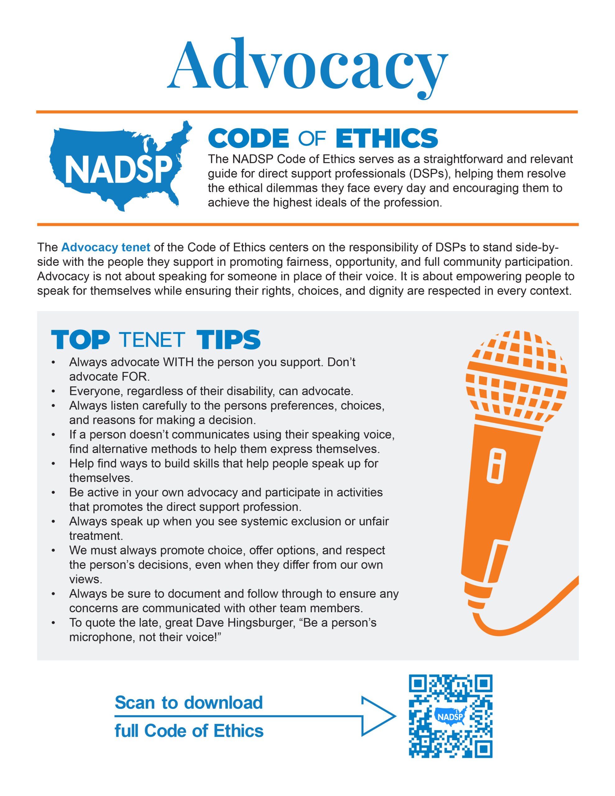 NADSP Code of Ethics Screenshot of the Code of Ethics 'Advocacy' 1-pager