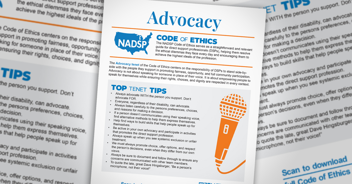 Screenshots from the Code of Ethics one-page guide about the tenet Advocacy