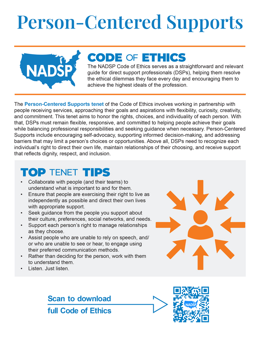 Screenshot of the Code of Ethics 'Person-Centered Supports' 1-pager